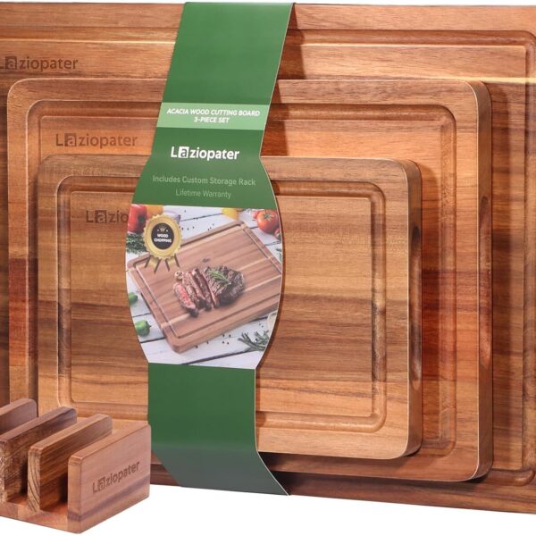 LAZIOPATER Wood Cutting Board Set, 3-Piece Rectangular Boards for Kitchen, 18x12x0.75 Inches, Hand Wash Only (Acacia Wood)