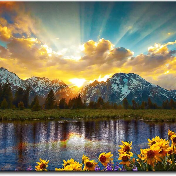 Sunset Mountain Wall Art, Grand Teton National Park Landscape Canvas Wall Decor 32x48" Sunflower Pictures Artwork Nature River Scenery Prints Painting Home Decoration for Living Room Bedroom Kitchen