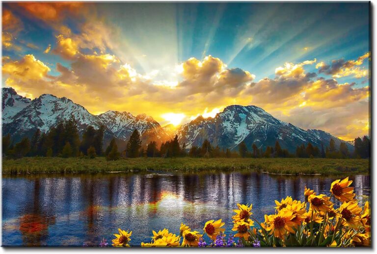 Sunset Mountain Wall Art, Grand Teton National Park Landscape Canvas Wall Decor 32x48" Sunflower Pictures Artwork Nature River Scenery Prints Painting Home Decoration for Living Room Bedroom Kitchen