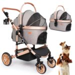 Bicystar Pet Stroller for Medium Dogs, Smooth-Ride Dog Stroller with Detachable Carrier, Rubber Wheels, Car Seat Combo 3-in-1, Up to 50 lbs, for Senior Dogs & Cats, Grey