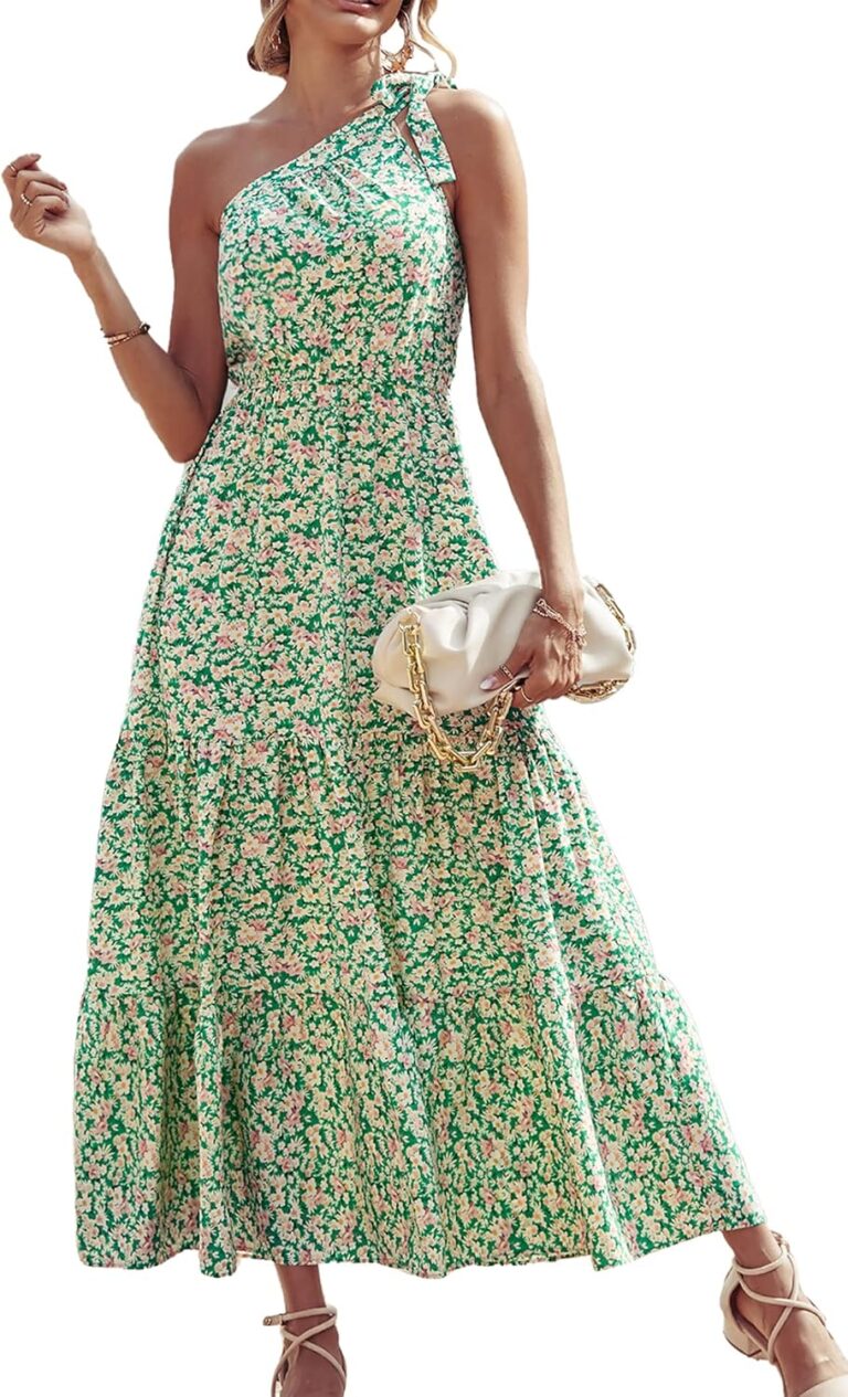 PRETTYGARDEN Women's Summer Floral One Shoulder Maxi Dress Knot Ruffle Boho Beach Vacation Wedding Guest Long Sun Dresses
