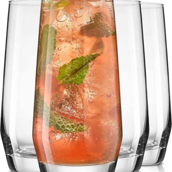 JoyJolt Gwen 18.5 oz Highball Glasses, 4pc Tall Glass Sets. Lead-Free Crystal Glass Drinking Glasses. Water Glasses, Mojito Glass Cups, Tom Collins Bar Glassware, and Mixed Drink Cocktail Glass Set