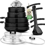 NutriChef 17pcs Black Stackable Pots and Pans Set, Nonstick Induction Cookware, Space Saving Cookware, Easy Clean, Ideal For RV and Camper, Includes a Foldable Steamer Basket and Cooking Utensils