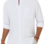 Alimens & Gentle Men's Cotton Linen Shirts Long Sleeve Button Down Shirt Band Collar Beach Shirts