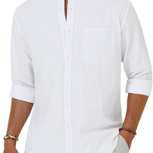 Alimens & Gentle Men's Cotton Linen Shirts Long Sleeve Button Down Shirt Band Collar Beach Shirts