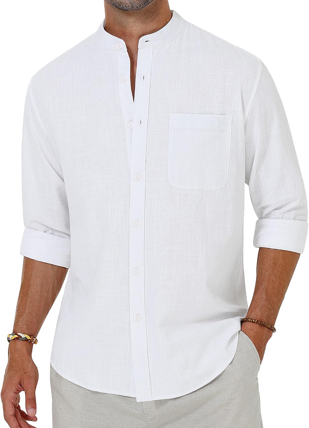Alimens & Gentle Men's Cotton Linen Shirts Long Sleeve Button Down Shirt Band Collar Beach Shirts Alimens & Gentle Men's Cotton Linen Shirts Long Sleeve Button Down Shirt Band Collar Beach Shirts