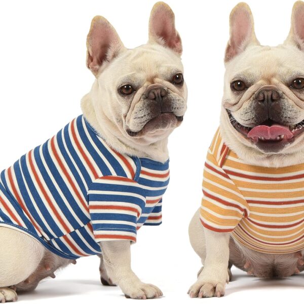 Dog Shirts Cotton Striped T-Shirt, Summer Pet Clothes for Small Dogs, 2-Pack Soft Puppy Apparel Cat Tee, Breathable Stretchy, Blue Yellow M