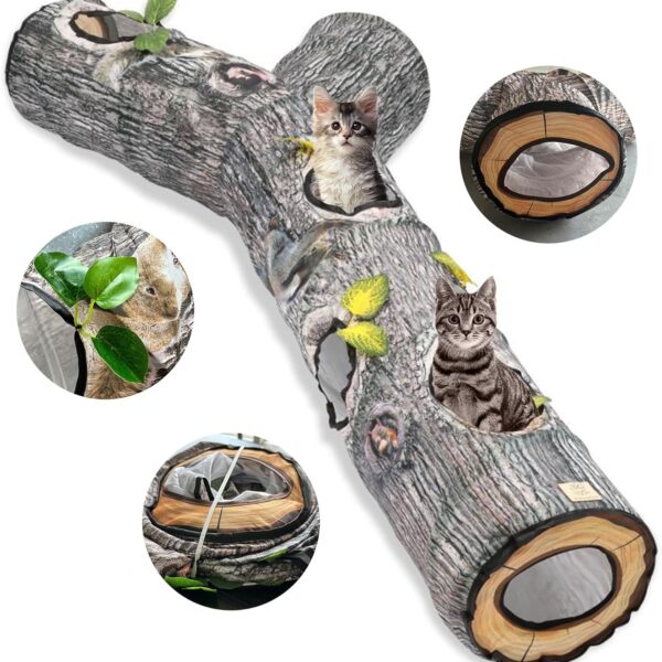 Cat Tunnel,3 Way Cat Toys,Tree Trunk Cat Tunnels for Indoor, Cat Maze for Kitty, Puppy, Kitten,Rabbit to Chase and Play, Collapsible Tube, Easy to Store Kitten Tunnel,L59,Tree Design Gift