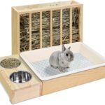 MOBYKE 3 in 1 Rabbit Hay Feeder with Litter Box, Wood, Mess Proof, for Guinea Pig, Chinchillas, Hamster, Dwarf Rabbit