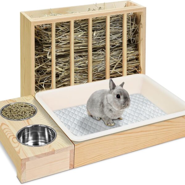 MOBYKE 3 in 1 Rabbit Hay Feeder with Litter Box, Wood, Mess Proof, for Guinea Pig, Chinchillas, Hamster, Dwarf Rabbit