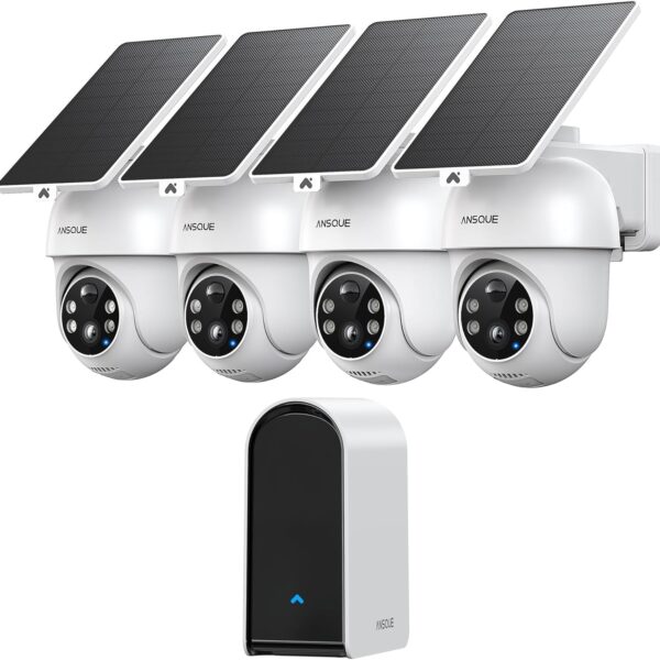 ANSQUE Security Cameras Wireless Outdoor Home System, 4 Camera Kit, No Subscription Fees, Solar Powered, Local Storage, 365-Day Battery Life, 360PTZ Surveillance, Auto Tracking, 2K Color Night Vision
