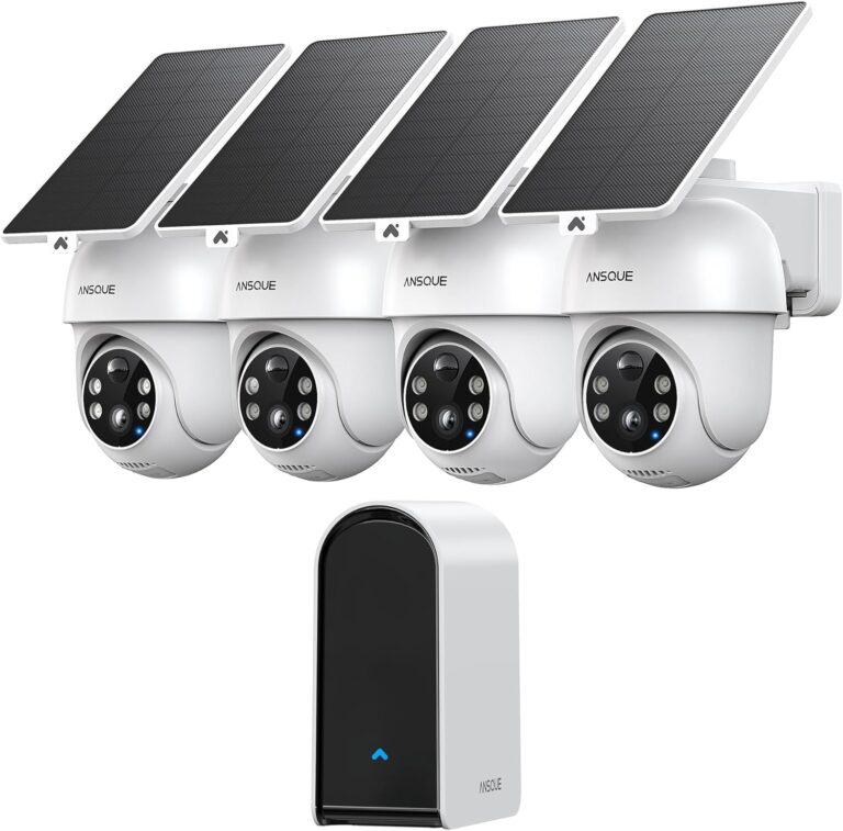 ANSQUE Security Cameras Wireless Outdoor Home System, 4 Camera Kit, No Subscription Fees, Solar Powered, Local Storage, 365-Day Battery Life, 360PTZ Surveillance, Auto Tracking, 2K Color Night Vision