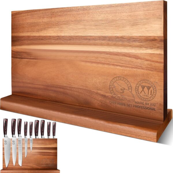 XYJ Extra Large Magnetic Knife Block Acacia Wood Knife Set Holder Stand With Stronge Magnetic Strip Kitchen Knives Storage Rack Organizer Tools No Drilling
