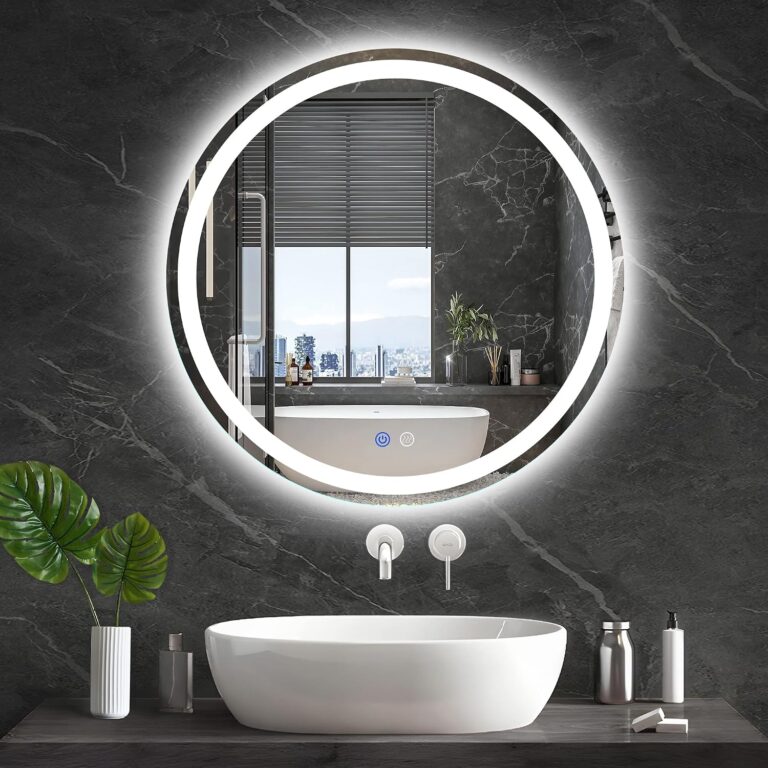 TATU 24 Inch LED Round Lighted Mirror, Bathroom Backlit Vanity Mirror Wall Mounted with 3000K/4000K/6000K Adjustable, Anti-Fog, Smart Touch Button, Stepless Dimmable Lighted Makeup Mirror