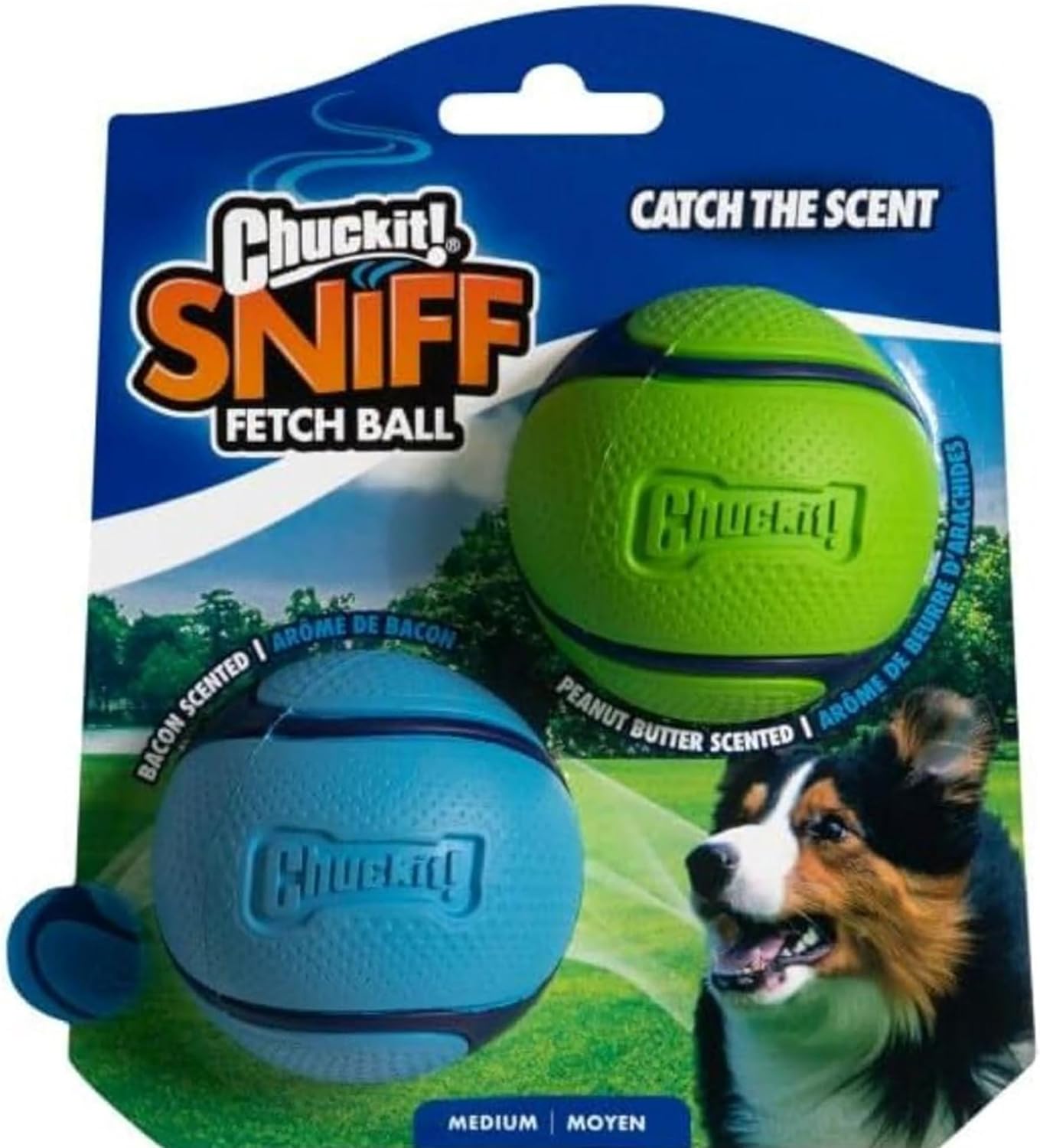Chuckit! Sniff Ball Dog Toy, Durable High Bounce Bacon and Peanut Butter Scented Rubber Dog Ball Fetch Toy, Medium, 2 Pack Chuckit! Sniff Ball Dog Toy, Durable High Bounce Bacon and Peanut Butter Scented Rubber Dog Ball Fetch Toy, Medium, 2 Pack