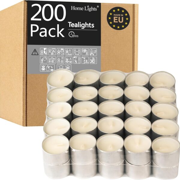 HomeLights Tealight Candles - 8 Hour Long time Burning, Giant 100,200,300 Packs -White Votive Smokeless European Tea Light Unscented Candles for Shabbat, Weddings, Christmas,Home Decorative -200 Pack