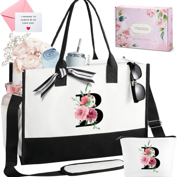 TRSODD Birthday Gifts for Women Mothers Day Gifts for Mom Wife Grandma Daughter Sister Teacher Initial Tote Bag and Makeup Bag