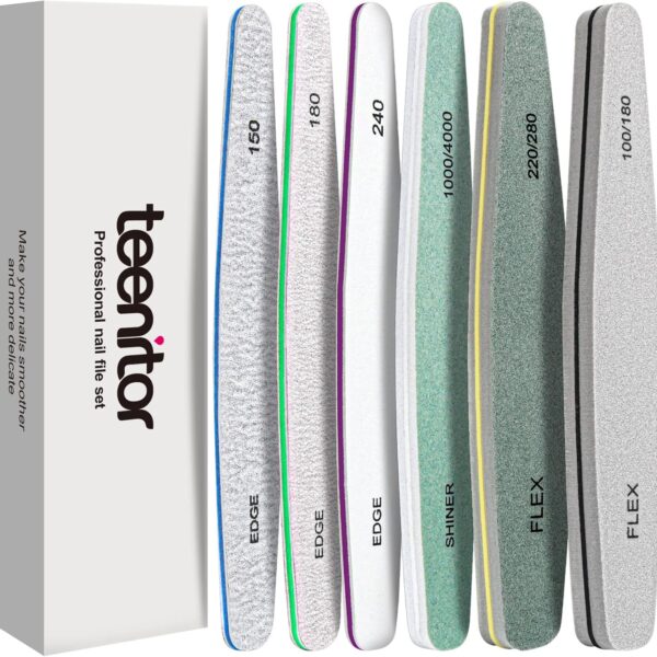 Teenitor Nail File Nail Buffer, 6 pcs Nail Files and Buffers for Natural Nails, Emery Boards for Nails, Nail Buffer and Shine Kit Nail Filer, Nail Buffer Block 100/180 Grit Nail Files Fingernail Files