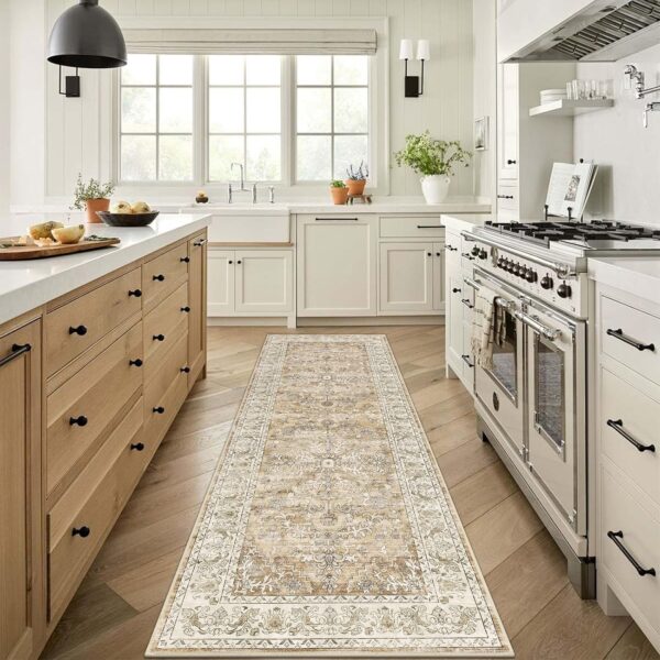 U'Artlines 2' x 6' Boho Hallway Runner Rug Vintage Farmhouse Non Slip Soft Washable Accent Runner Carpet for Kitchen, Entryway, Laundry, Living Room(Cream Tan)