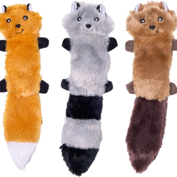 ZippyPaws Skinny Peltz - No Stuffing Dog Toy Pack to Keep Them Busy, for Small and Medium Dogs, Squeaky Pet Toys, Unstuffed Chew Toys, Soft Plush Variety Pack, Fox, Raccoon, and Squirrel - 11"