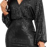 ZAFUL Women's Sequin Saprkly Mini Dress Long Sleeve Homecoming V Neck Bodycon Dress Party Prom Cocktail Glitter Dress