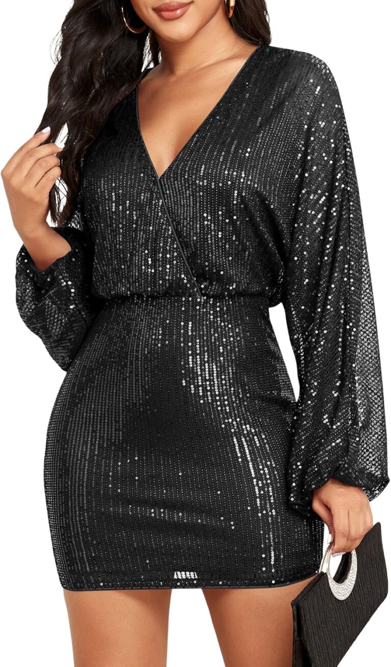 ZAFUL Women's Sequin Saprkly Mini Dress Long Sleeve Homecoming V Neck Bodycon Dress Party Prom Cocktail Glitter Dress