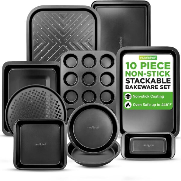 NutriChef 10-Piece Non-Stick Baking Set  Heavy-Duty Carbon Steel Bakeware Set w/ Cookie Sheets, Muffin Pan, Roasting Pan, Cake Pan, Baking Tray, Pizza Pan  Effortless Food Release & Easy Cleanup