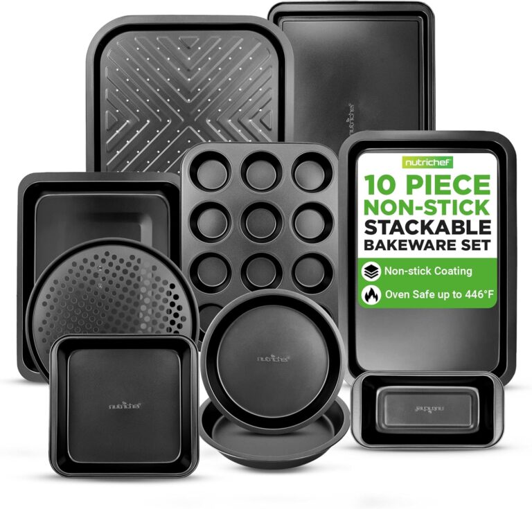NutriChef 10-Piece Non-Stick Baking Set  Heavy-Duty Carbon Steel Bakeware Set w/ Cookie Sheets, Muffin Pan, Roasting Pan, Cake Pan, Baking Tray, Pizza Pan  Effortless Food Release & Easy Cleanup
