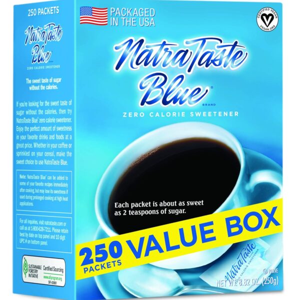 NatraTaste Blue Zero Calorie Sweetener, Bulk Sugar Substitute for Coffee, Iced Tea, Lemonade, Hot & Cold Drinks, Baking, Cooking, Low Carb, Vegan, Sugar Alternative, 250 Packets Value Box (1 pack)