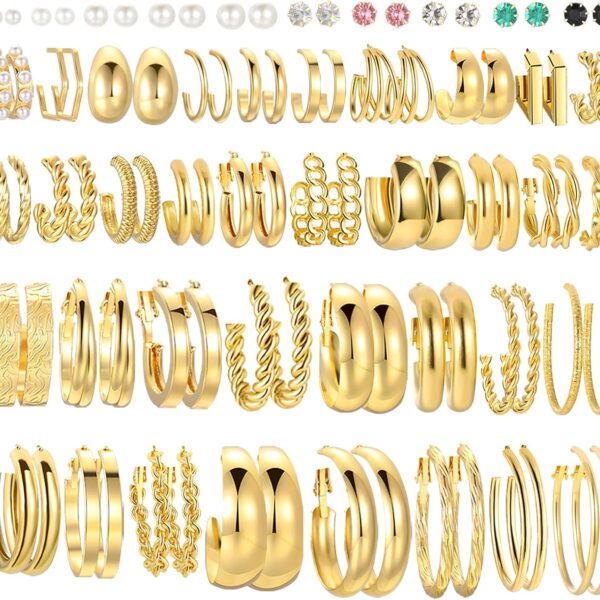 46 Pairs Gold Hoop Earrings Set for Women, Fashion Hypoallergenic Chunky Twisted Pearl Stud Earrings Multipack, Small Big Hoops Earring Packs Trendy for Christmas Birthday Party Jewelry Gift