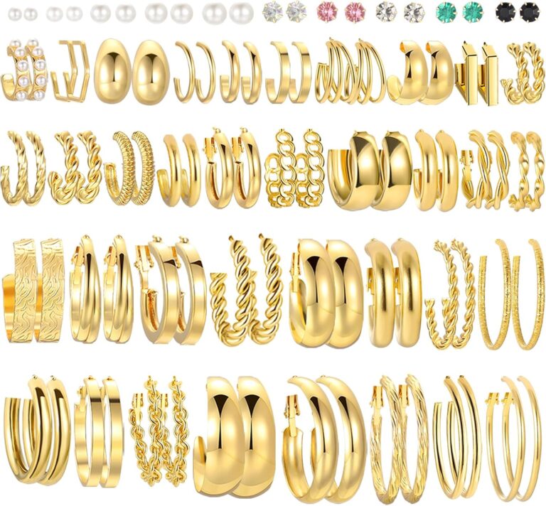 46 Pairs Gold Hoop Earrings Set for Women, Fashion Hypoallergenic Chunky Twisted Pearl Stud Earrings Multipack, Small Big Hoops Earring Packs Trendy for Christmas Birthday Party Jewelry Gift
