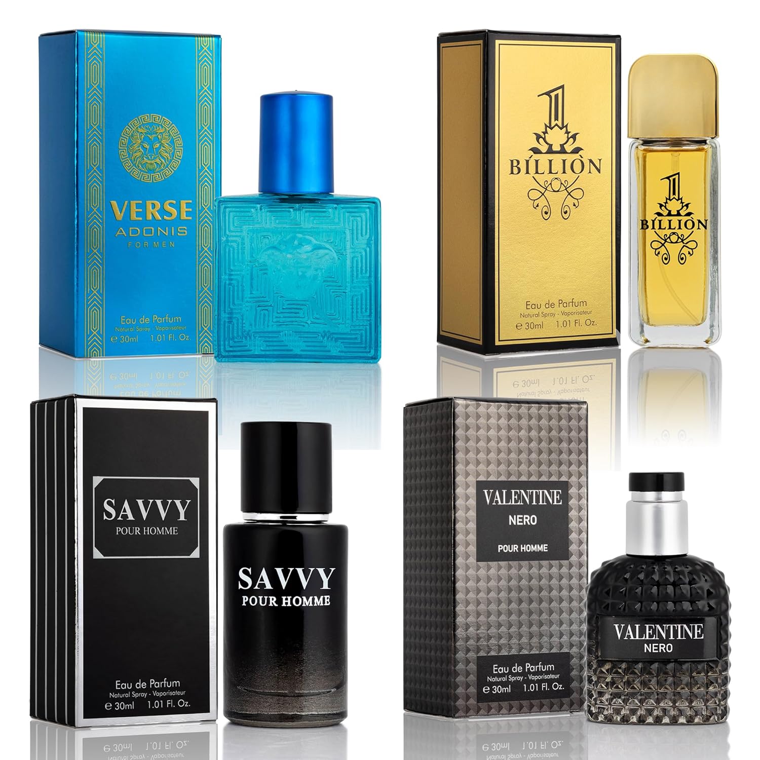 Signature Scent 4-Piece Mini Fragrance Set for Men Includes Savvy/1 Billion/Verse/Valentine Collection of Woody, Spicy, Citrus & Aromatic Fragrance Non-Irritating Ingredient Each One in 30ml Bottle Signature Scent 4-Piece Mini Fragrance Set for Men Includes Savvy/1 Billion/Verse/Valentine Collection of Woody, Spicy, Citrus & Aromatic Fragrance Non-Irritating Ingredient Each One in 30ml Bottle