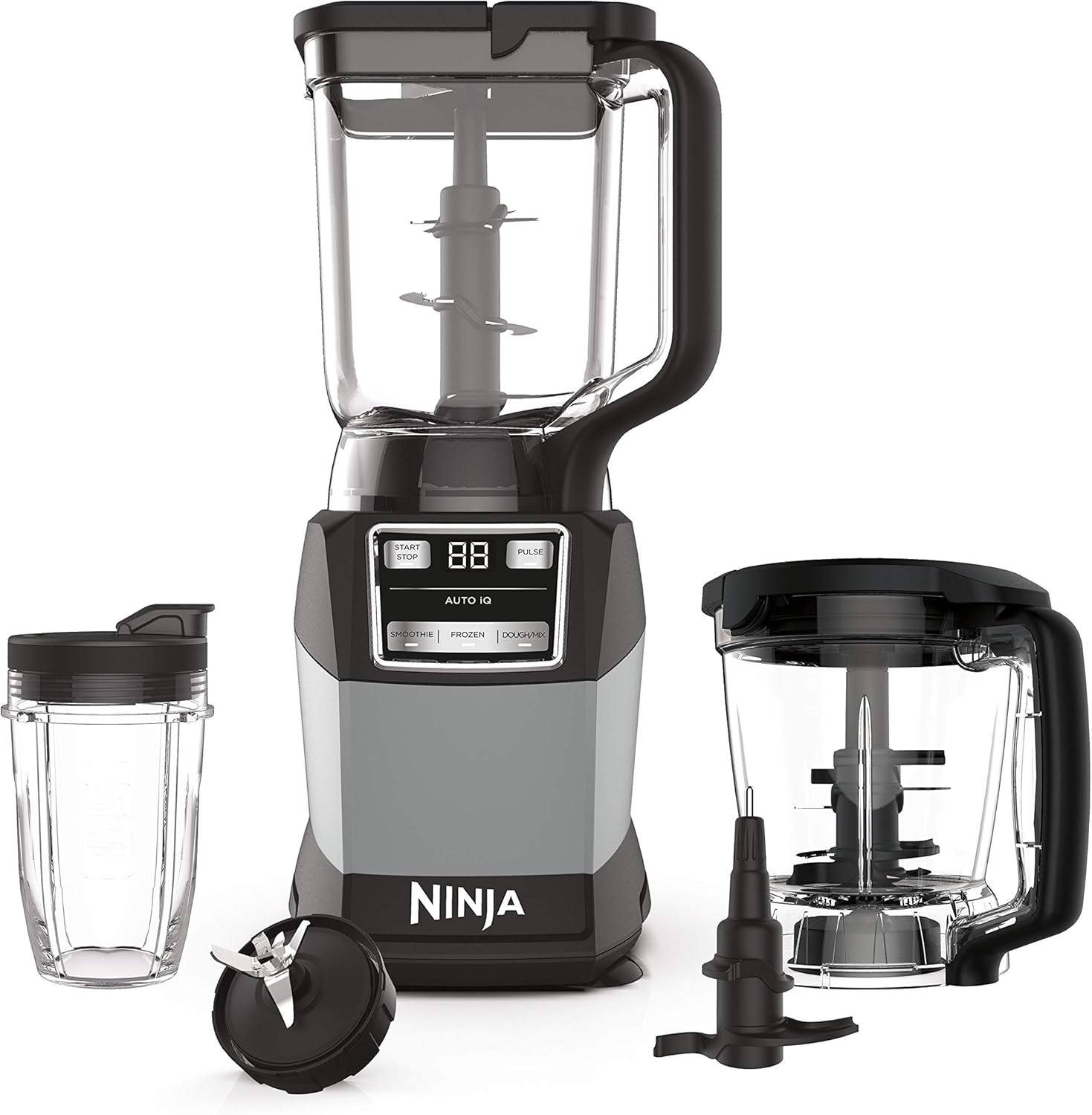 Ninja Blender, Compact Kitchen System, 1200W, 3 Functions for Smoothies, Dough & Frozen Drinks with Auto-IQ, 72-oz.* Blender Pitcher, 40-oz. Processor Bowl & 18-oz. Single-Serve Cup, Grey, AMZ493BRN Ninja Blender, Compact Kitchen System, 1200W, 3 Functions for Smoothies, Dough & Frozen Drinks with Auto-IQ, 72-oz.* Blender Pitcher, 40-oz. Processor Bowl & 18-oz. Single-Serve Cup, Grey, AMZ493BRN