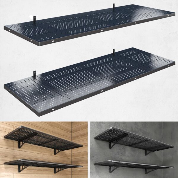 2-Pack 1.5x4ft Heavy Duty Garage Wall Shelving, 500 lbs Load Capacity, Garage Shelving Wall Mounted, Garage Storage Rack with Hooks, Black