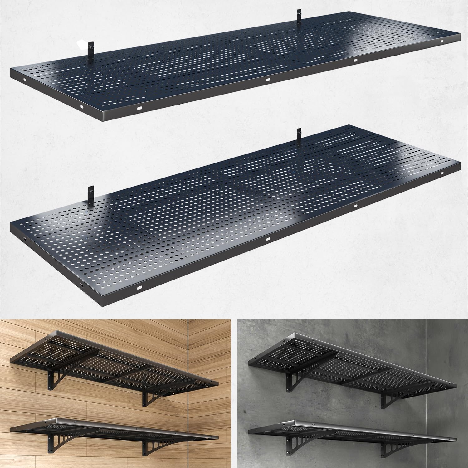 2-Pack 1.5x4ft Heavy Duty Garage Wall Shelving, 500 lbs Load Capacity, Garage Shelving Wall Mounted, Garage Storage Rack with Hooks, Black 2-Pack 1.5x4ft Heavy Duty Garage Wall Shelving, 500 lbs Load Capacity, Garage Shelving Wall Mounted, Garage Storage Rack with Hooks, Black