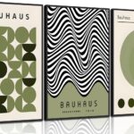 WSTUKVV 3Pcs Bauhaus Mid Century Modern Wall Art Bauhaus 1923 Posters Pictures Green Boho Abstract Geometric Canvas Prints Black Line Paintings for Living Room Bedroom Dining Room Wall Decor Unframed