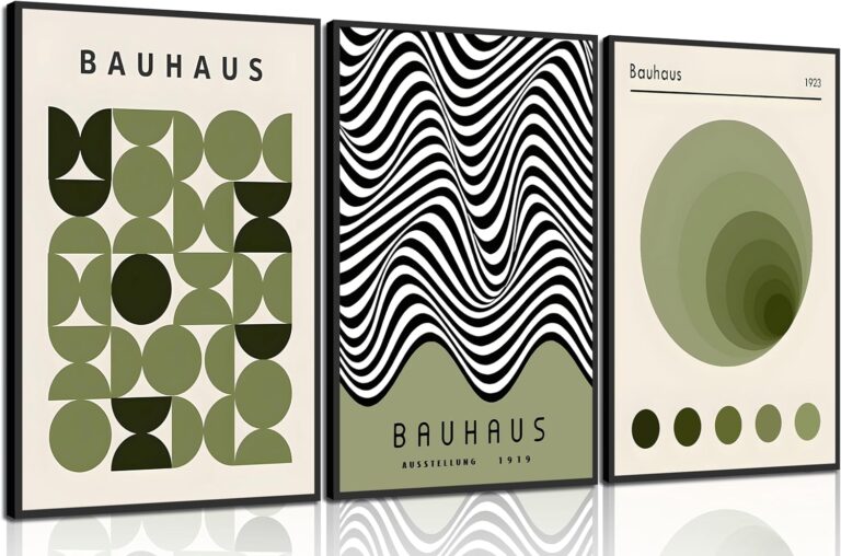 WSTUKVV 3Pcs Bauhaus Mid Century Modern Wall Art Bauhaus 1923 Posters Pictures Green Boho Abstract Geometric Canvas Prints Black Line Paintings for Living Room Bedroom Dining Room Wall Decor Unframed