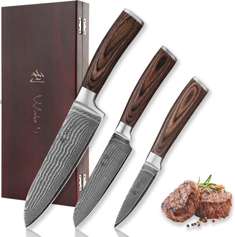 Wakoli EDIB 3-Piece Damascus Kitchen Knife Set in Wooden Gift Box, Razor Sharp Genuine Damascus Steel (VG10 Core), Includes Santoku, Small Santoku and Paring Knife, Ergonomic Pakkawood Handle