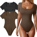 OQQ Women's 2 Piece Bodysuits Sexy Ribbed One Piece Square Neck Short Sleeve Bodysuits