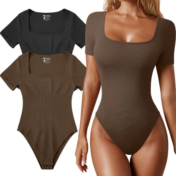 OQQ Women's 2 Piece Bodysuits Sexy Ribbed One Piece Square Neck Short Sleeve Bodysuits