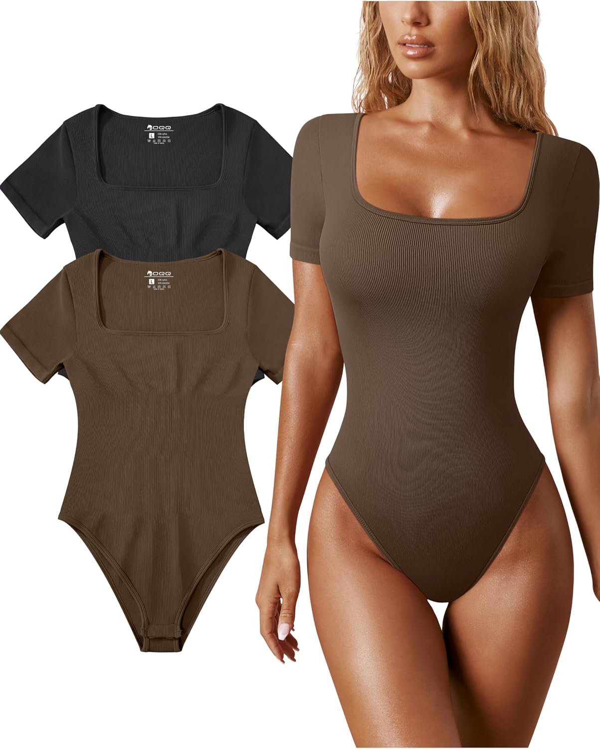 OQQ Women's 2 Piece Bodysuits Sexy Ribbed One Piece Square Neck Short Sleeve Bodysuits OQQ Women's 2 Piece Bodysuits Sexy Ribbed One Piece Square Neck Short Sleeve Bodysuits