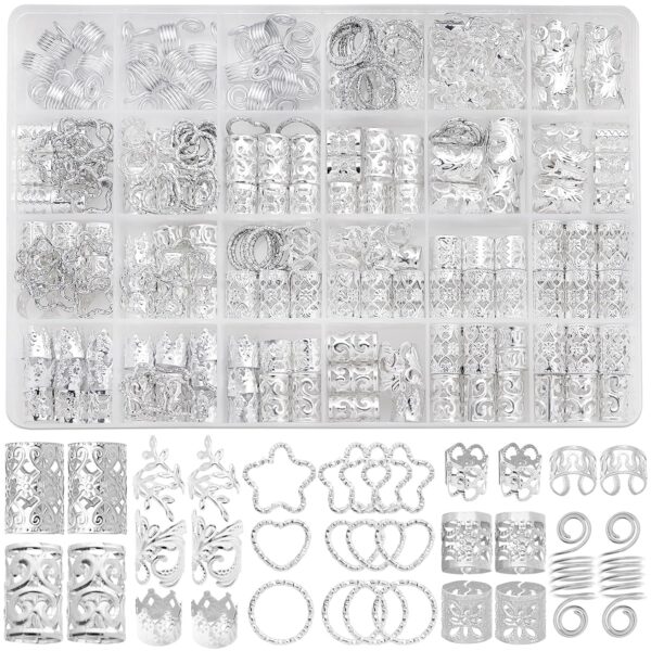 Fscwlmon 260 Pcs Hair Jewelry for Braids,Hair Beads Accessories for Dreadlock,Metal Hair Clips Cuffs Rings,Loc Rave Hair Charm Decorations Adjustable Kits for Men Women Silvery