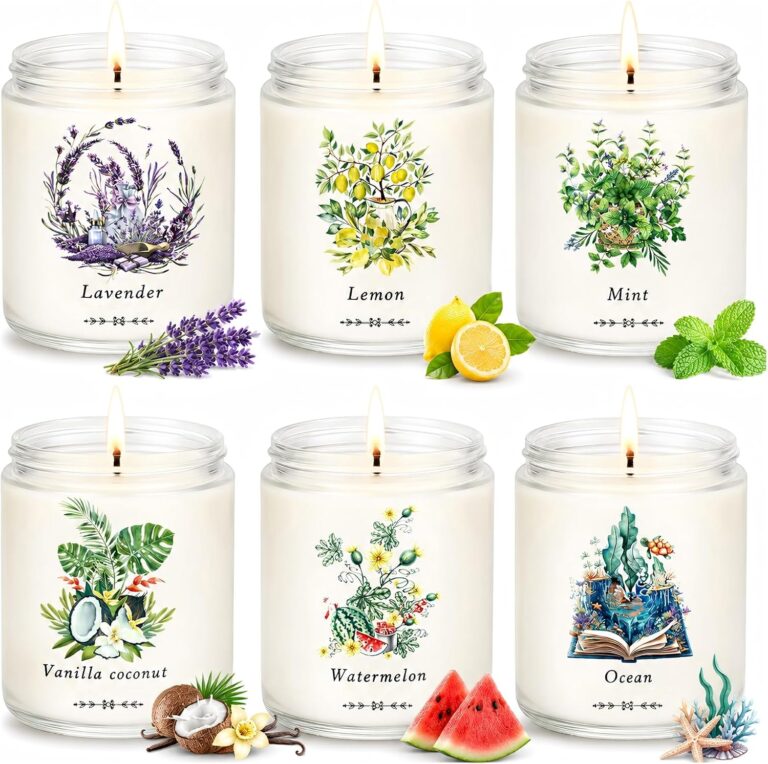 6 Pack Scented Candles Gift Set for Women | Soy Wax Jar Candles, Up to 300 Hours Burn Time, Fresh Scents - Watermelon, Vanilla Coconut, Lavender, Lemon, Mint, Ocean