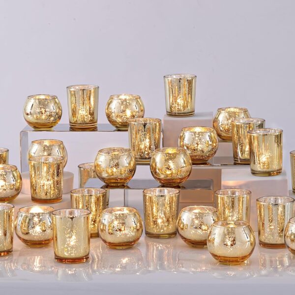 DEVI 48PCS Assorted Gold Votive Candle Holders Bluk, Gold Wedding Decorations, Mercury Glass Candle Holder for Tea Lights, Christmas Party Diwali Centerpieces for Table, Wedding Party Supplies
