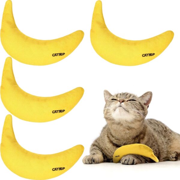 Sotiff 4 Pieces Catnip Toys Yellow Banana Cat Chew Catnip Toys Kitten Interactive Toy Reliable Catnip Filled Cat Toys for Indoor Cats Kittens Chewing Biting Grinding Claw 4 Count Pack of 1