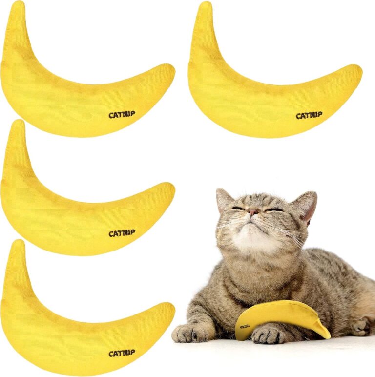 Sotiff 4 Pieces Catnip Toys Yellow Banana Cat Chew Catnip Toys Kitten Interactive Toy Reliable Catnip Filled Cat Toys for Indoor Cats Kittens Chewing Biting Grinding Claw 4 Count Pack of 1