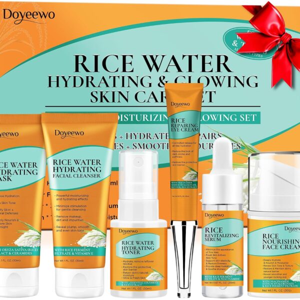 DOYEEWO Skin Care Set,6Pcs Women Teen Glass Skincare w/Korean Rice Extract,Hydrate Glow Repair Anti-Aging Facial Routine Kit Self Care Gifts for Women Mom Wife Teenage Girl Valentines Christmas Gifts