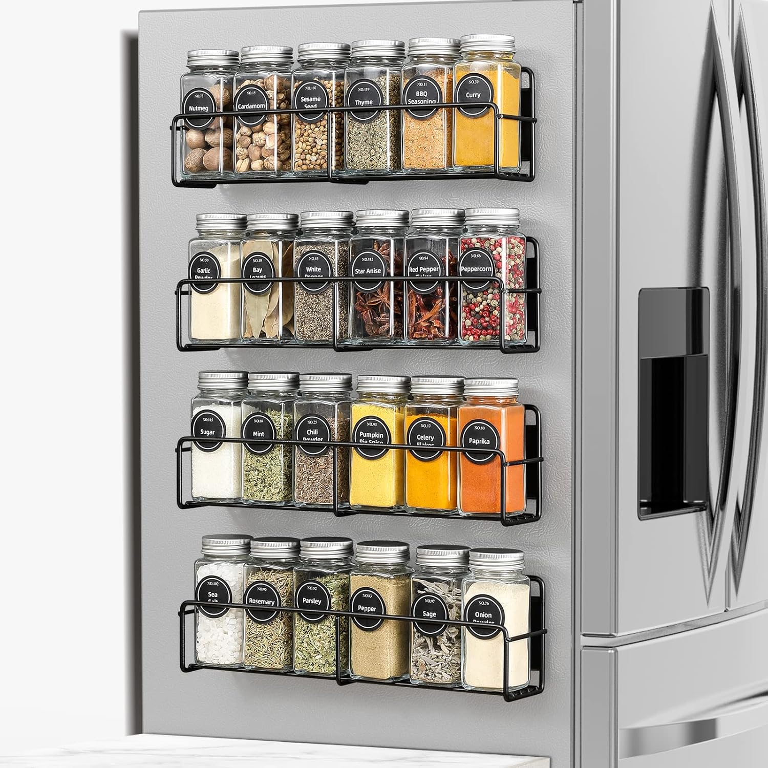 VITEVER Magnetic Spice Rack, 4 Pack, 24 Square Glass Jars with Lids, Quick-Find Pre-Printed Labels, Funnel, Space Saver, Refrigerator and Microwave Oven Organizer VITEVER Magnetic Spice Rack, 4 Pack, 24 Square Glass Jars with Lids, Quick-Find Pre-Printed Labels, Funnel, Space Saver, Refrigerator and Microwave Oven Organizer