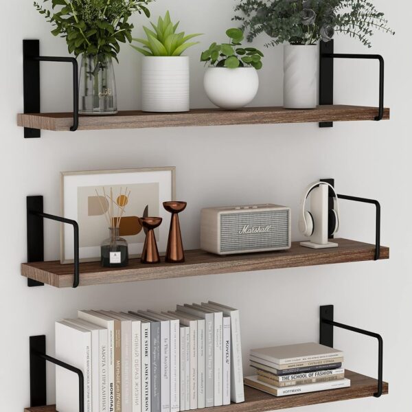 Floating Shelves, 24 Inches Easy to Install Wall Mounted Shelves, Set of 3, Rustic Wood Shelves for Wall Decor, Storage Shelves for Living Room (Brown)