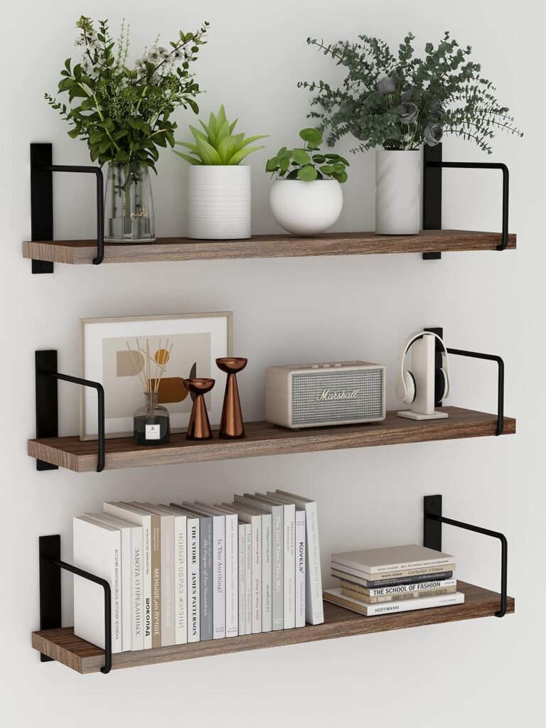 Floating Shelves, 24 Inches Easy to Install Wall Mounted Shelves, Set of 3, Rustic Wood Shelves for Wall Decor, Storage Shelves for Living Room (Brown)